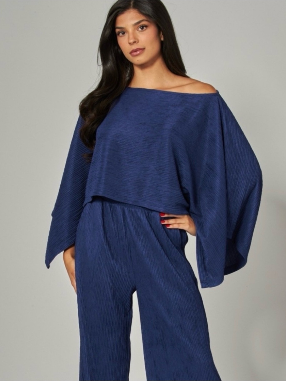 Navy Pleated Off-Shoulder Two-Piece Set - Women